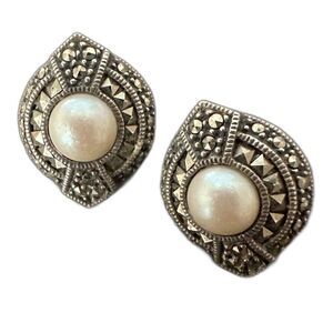 Judith Jack Sterling Silver and Pearl Marcasite Earnings - Clip Clamp